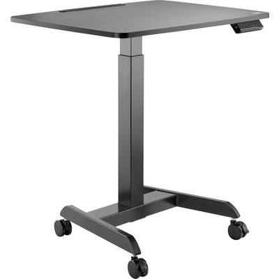 Height-adjustable black desk on castors, suitable for standing or seated work.