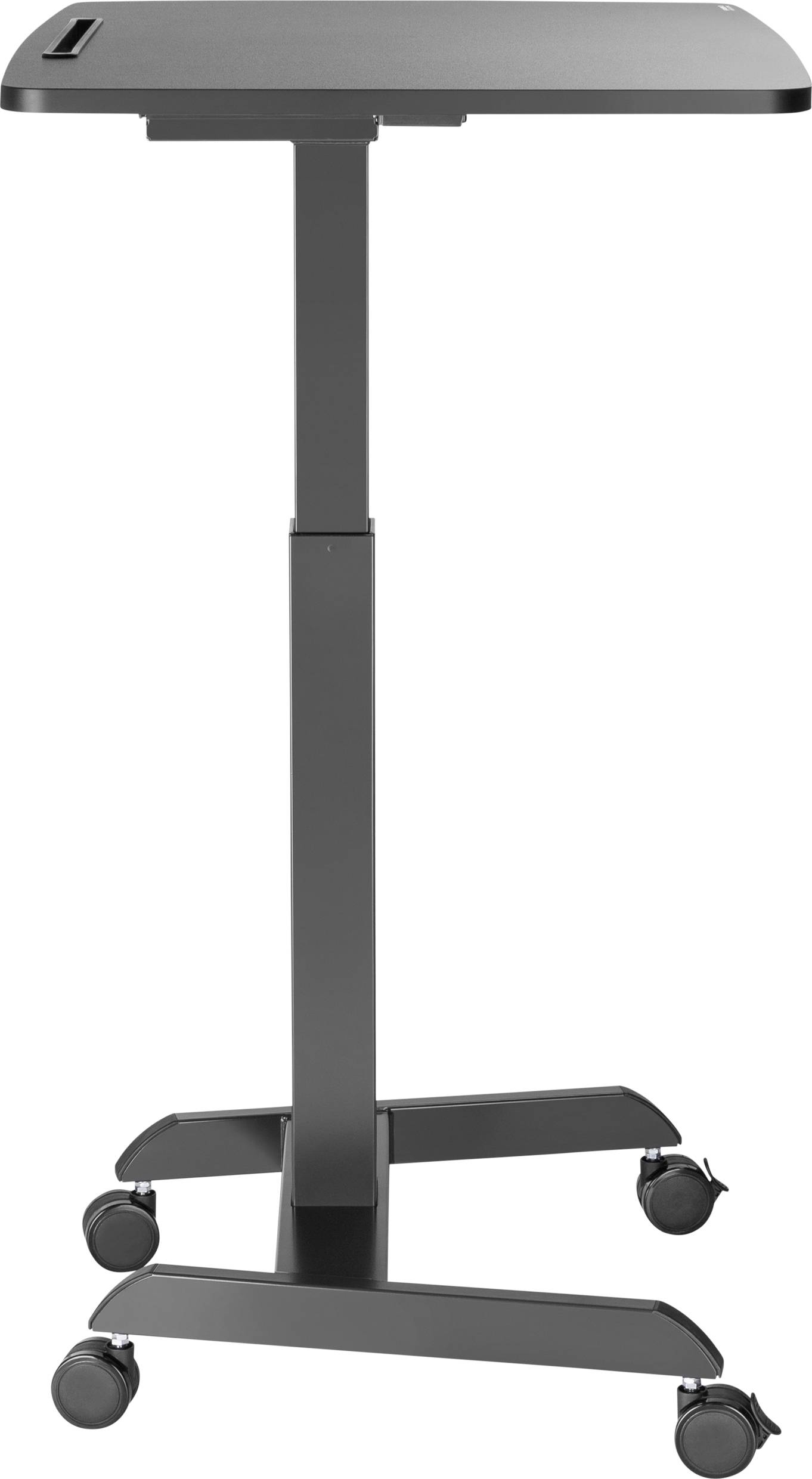 A black, height-adjustable standing desk with castors, enabling mobility and adaptation to different working heights.