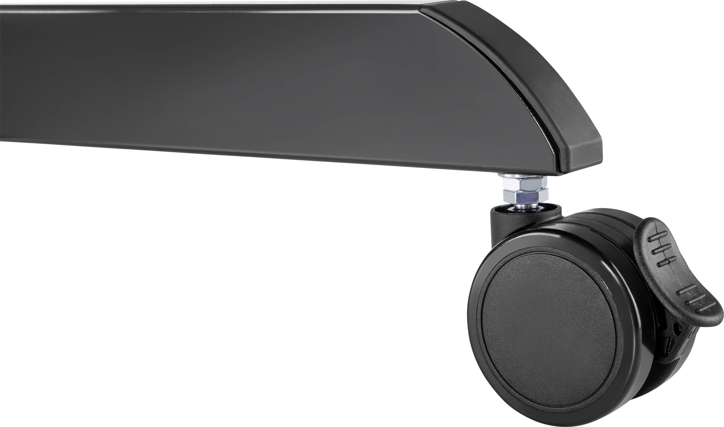 Black furniture castor with brake, mounted on a dark metal frame. Suitable for mobile chairs or desks.