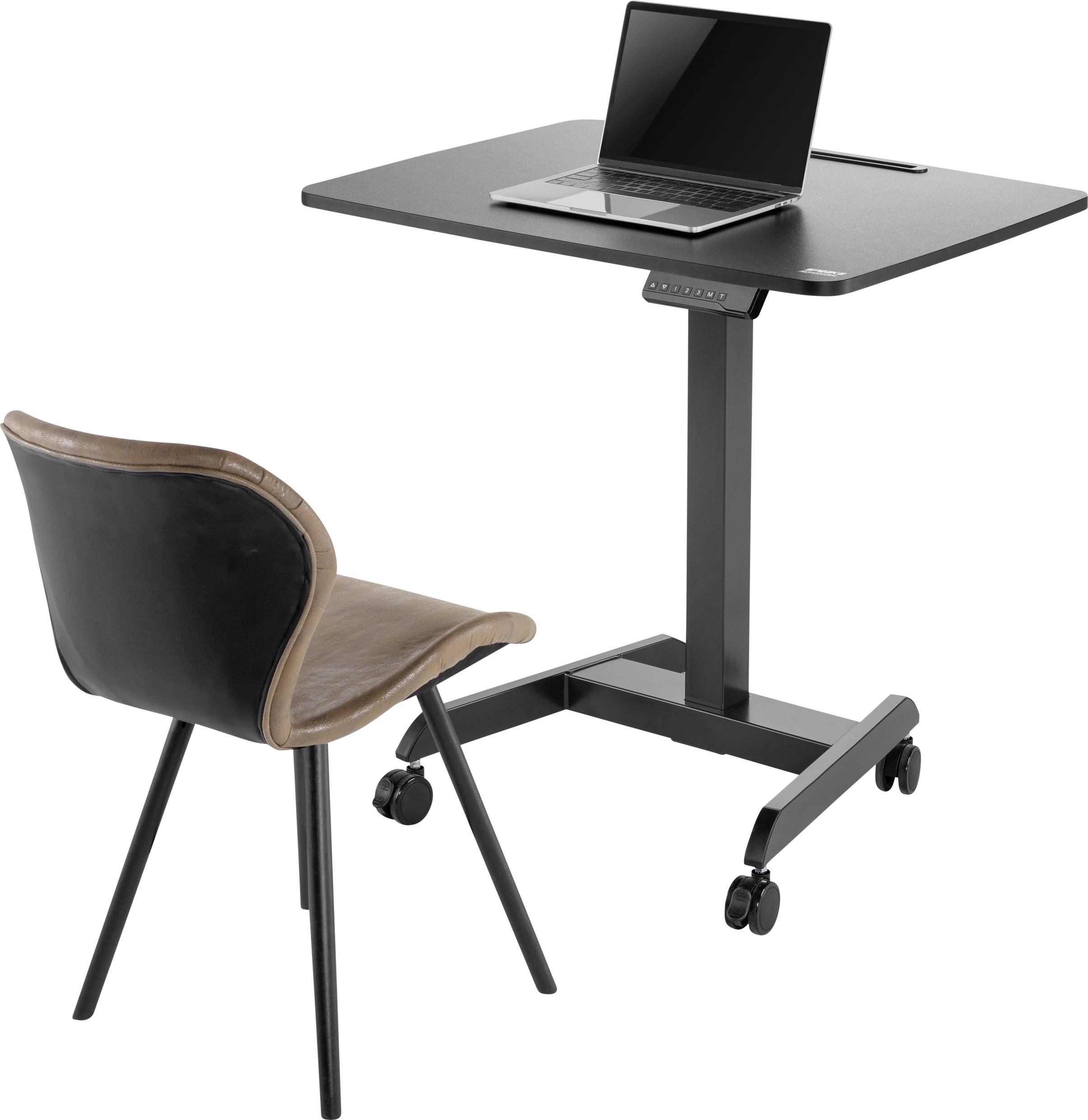Desk with an adjustable height tabletop and a laptop placed on it; beside it, an upholstered chair with black legs.