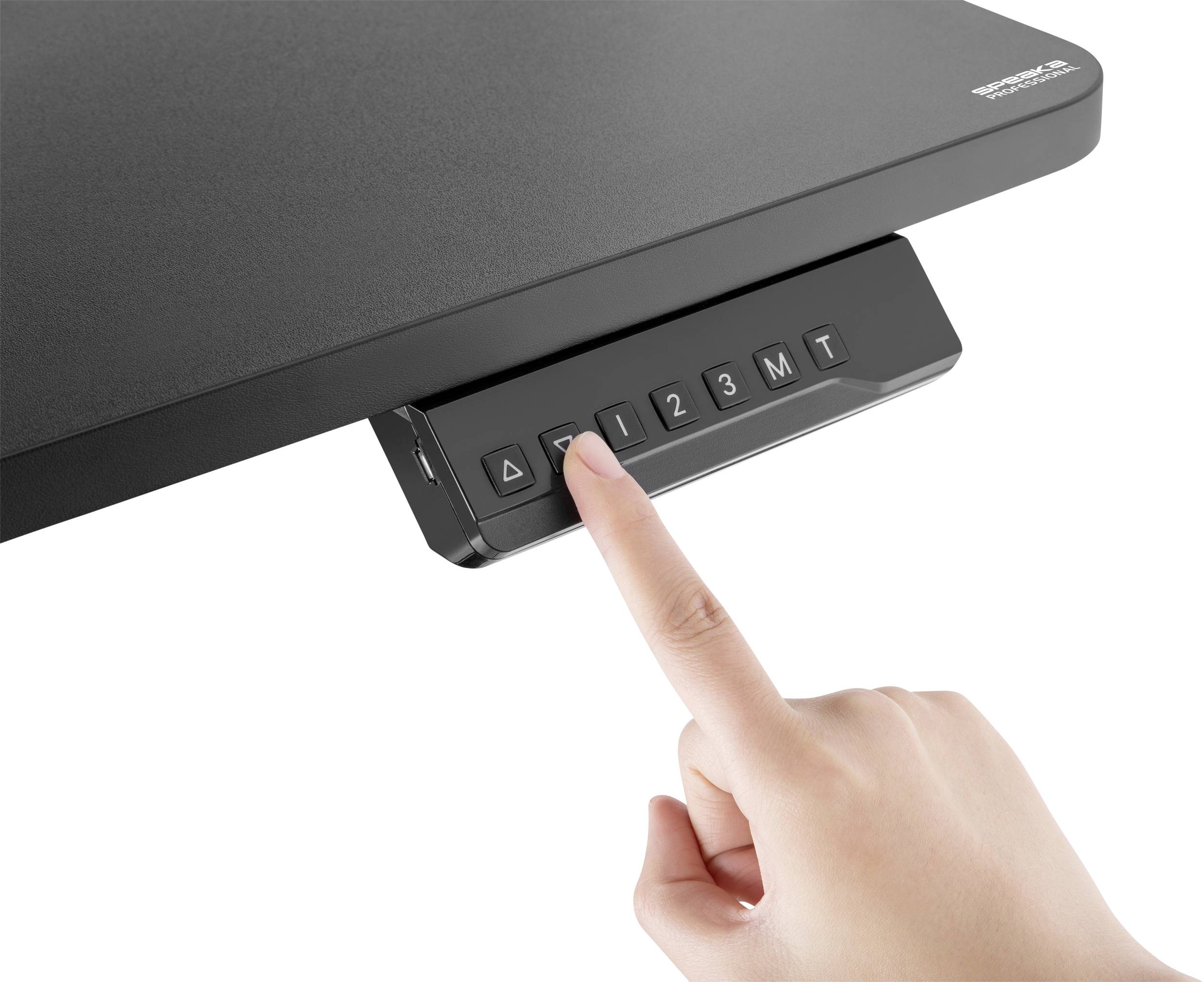 A hand presses the '1' button on a control panel mounted beneath a black tabletop. An up/down arrow is visible on the left.