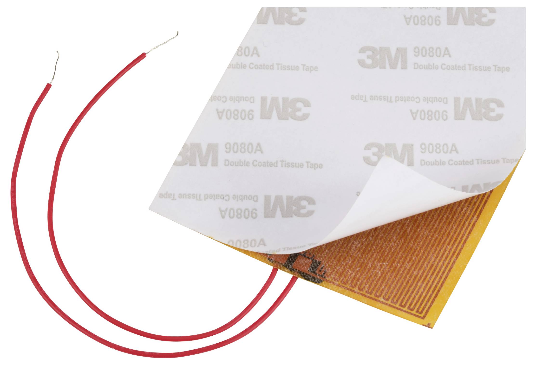 A thin, rectangular heating element with removable protective film and two red connecting wires.