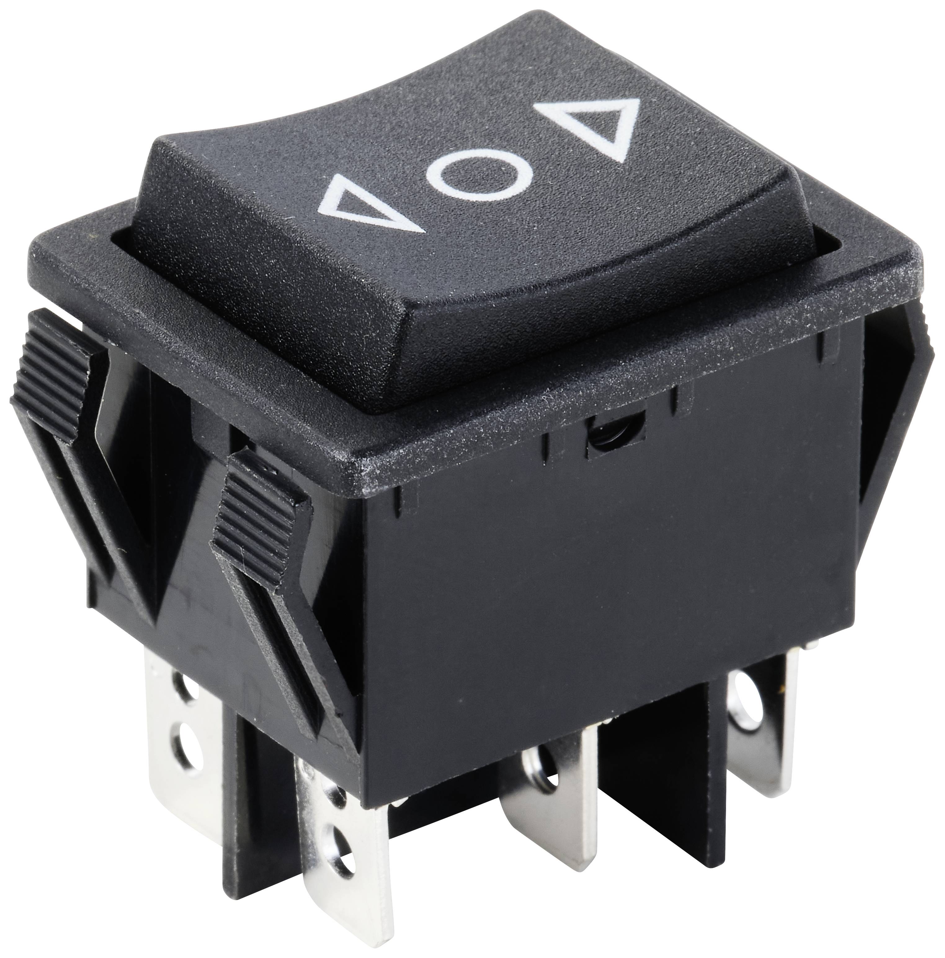 Black toggle switch with an imprint of three white triangles indicating the switching direction. Four metal contacts underneath.