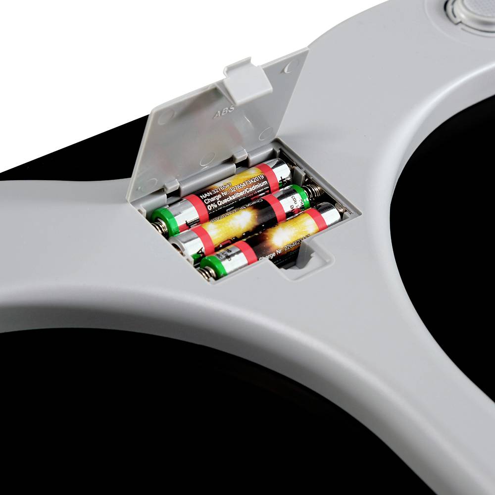 'Four AA batteries inserted in an open battery compartment of a device, ready for use.'<br><br>Note: This appears to be a direct translation that maintains the original meaning in British English, using standard terminology and phrasing.