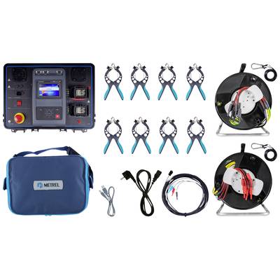 Portable electric testing device with cables, clamps and accessories, including blue carry case.