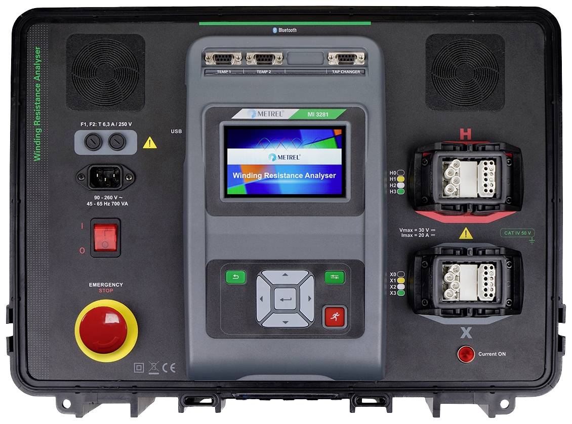A Winding Resistance Analyser in a black housing with a display, buttons, and connections. An emergency stop switch is located on the left.