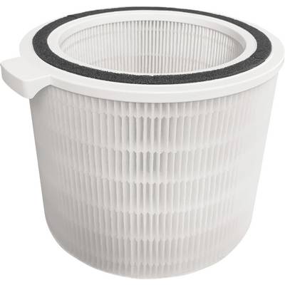 A cylindrical white air filter in close-up. The filter has a ribbed structure and a black rim on its top surface.