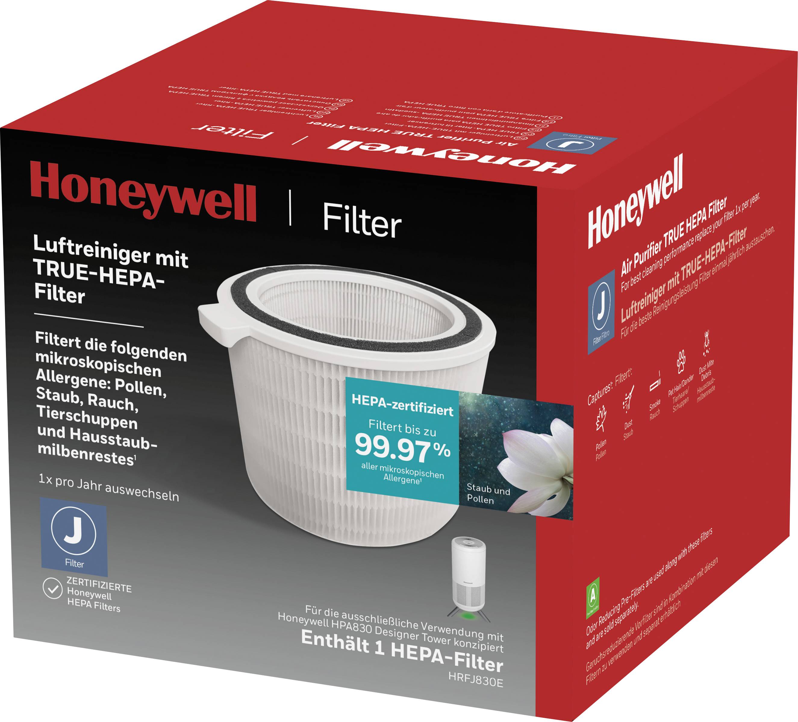'Honeywell air purifier with TRUE-HEPA filter, removes 99.97% of microscopic allergens. Includes 1 HEPA-certified filter.'