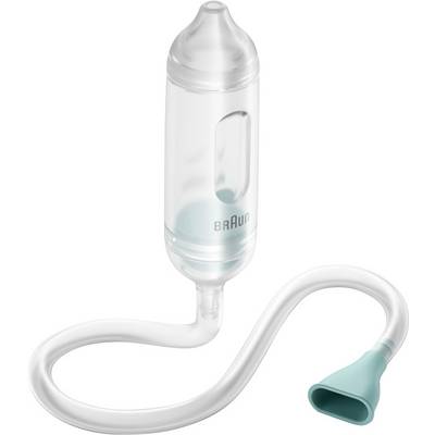 Electric nasal aspirator with a transparent container and green suction part, suitable for cleaning noses of young children.
