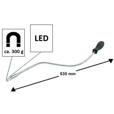 Flexible magnetic pickup tool with LED light, approximately 530 mm in length, weighing about 300 grams, featuring a black handle.