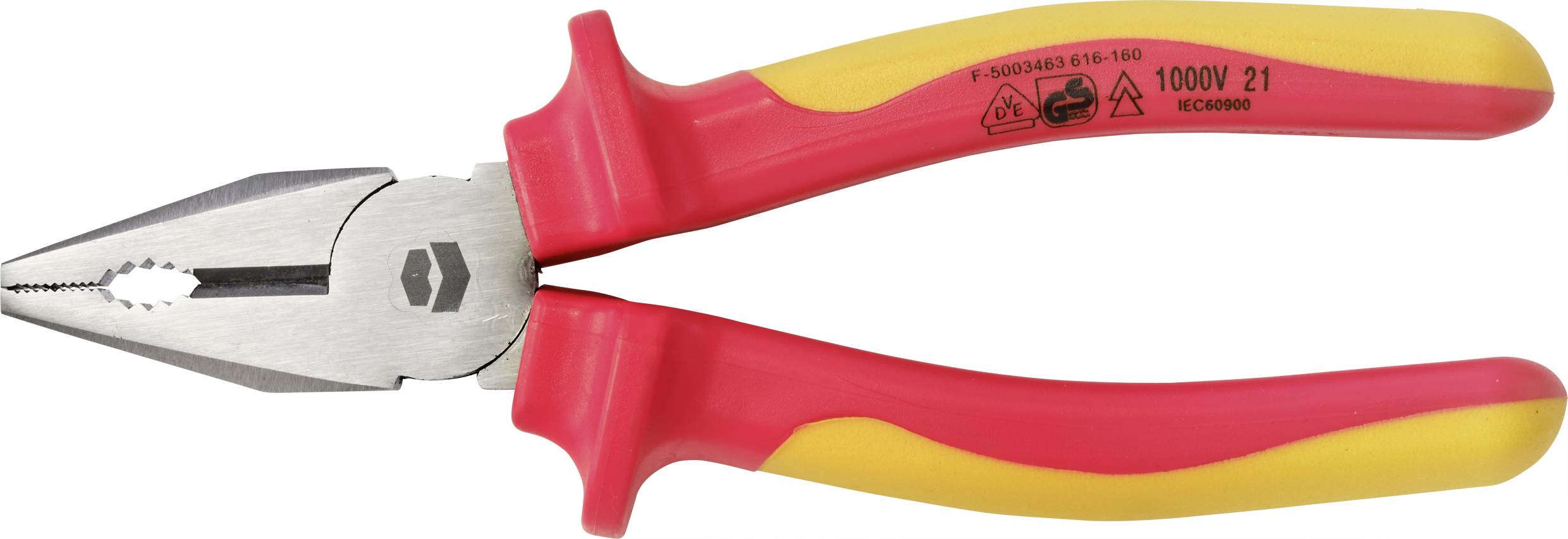 A combination pliers with insulated red and yellow handles for safe working on electrical lines up to 1000V.