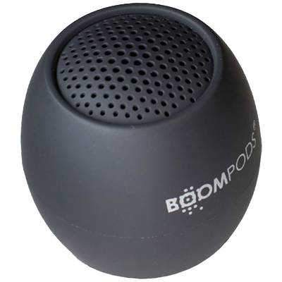Black, egg-shaped wireless speaker with a perforated surface. 'Boompods' brand name printed on it.