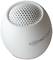 White portable Bluetooth speaker in an oval shape with a perforated pattern on top.