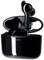 Black wireless earbuds in an open charging case, one earbud standing upright in the case.
