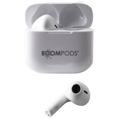 White wireless earphones with charging case. The case is partially open, with one earbud lying beside it. 'BOOMPODS' trademark on the case.