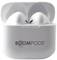 Compact, white wireless earbuds in an open charging case with the 'Boompods' logo on the front.