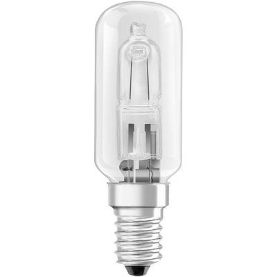 Light bulb with narrow E14 base and transparent glass envelope.