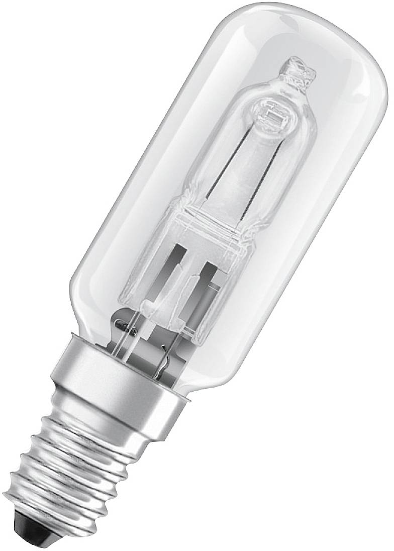 Halogen lamp in a cylindrical glass housing with metal base, suitable for various lighting applications.