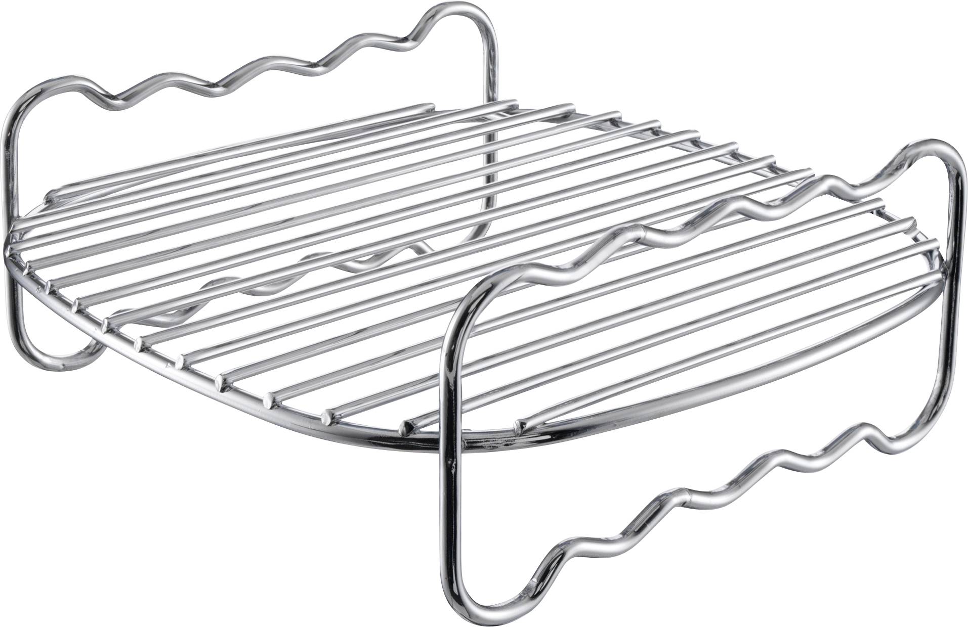 A round, silver metal grid, likely used as a grill rack or support in a barbecue or oven.