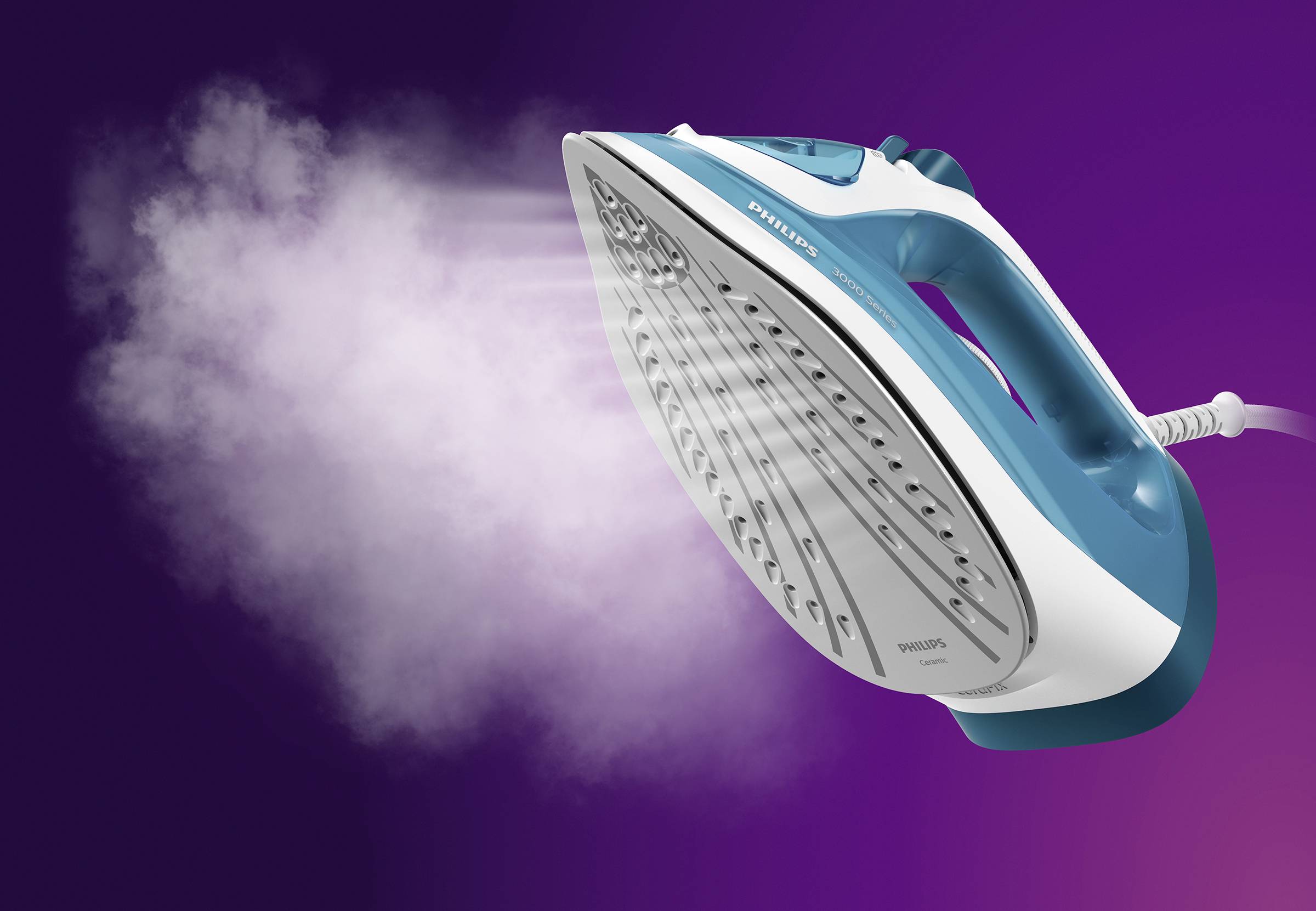 A steam iron with a blue handle is emitting steam, against a lilac background.