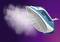 A steam iron with a blue handle is emitting steam, against a lilac background.