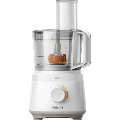 A white food processor with a transparent container and an orange inner seal. Performance indicator shows '700 W'. Suitable for blending and chopping.