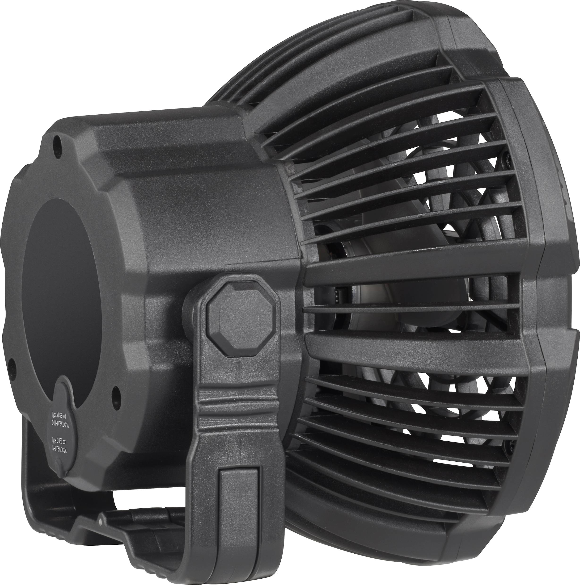 Black, portable fan with robust plastic casing and adjustable stand, side ventilation slots visible.