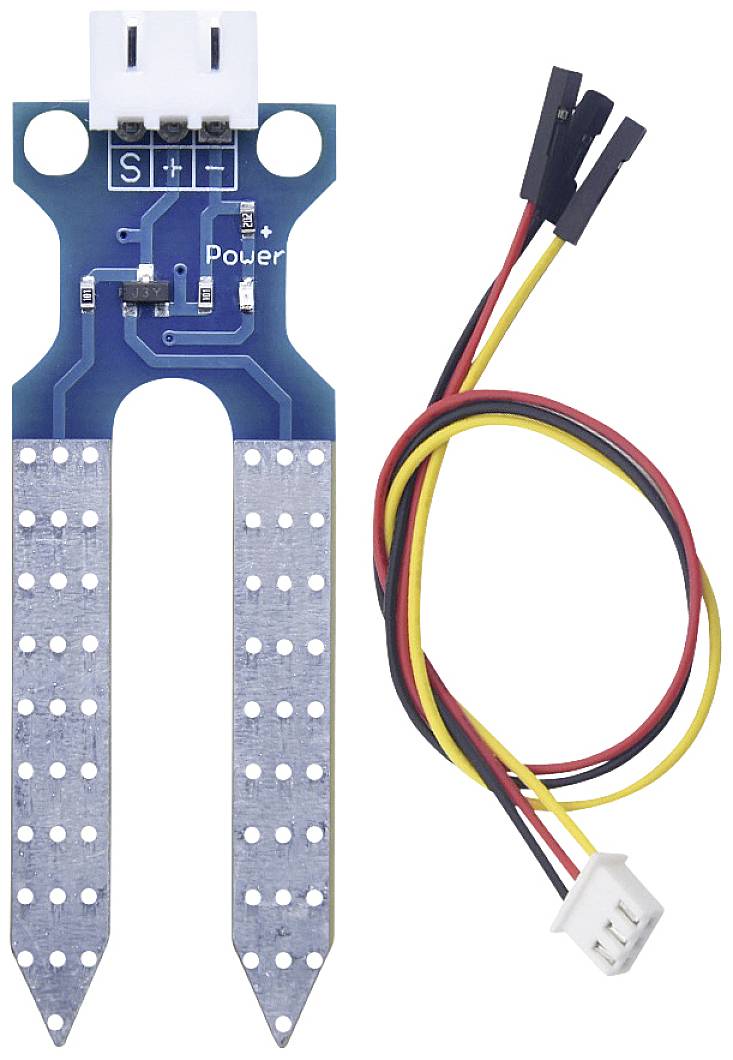 Soil moisture sensor comprising a blue circuit board with two metal probes, connected via cables with coloured wires.