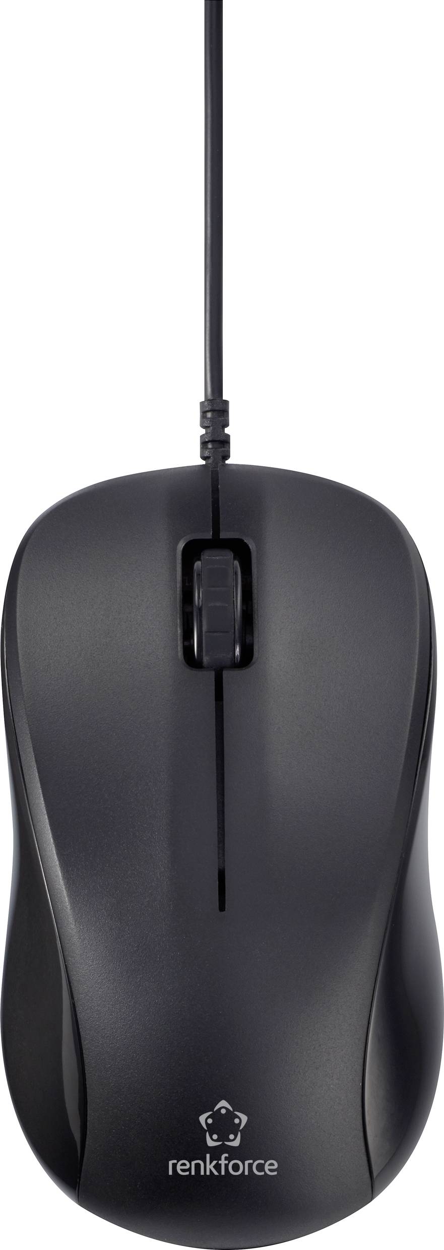 Black wired computer mouse with the brand name 'Renkforce' on the surface. Suitable for daily computer use.