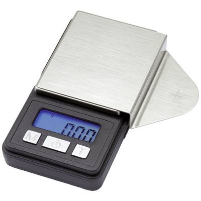 Digital kitchen scales with a stainless steel platform, blue display showing '0.00'. Buttons for modes, on/off and tare are visible.