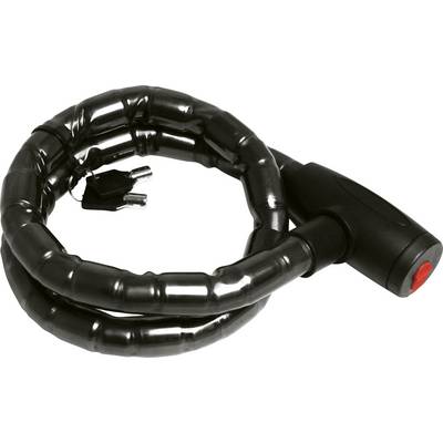 Black bicycle lock with a heavy chain and key lock, two keys on a small black key fob.
