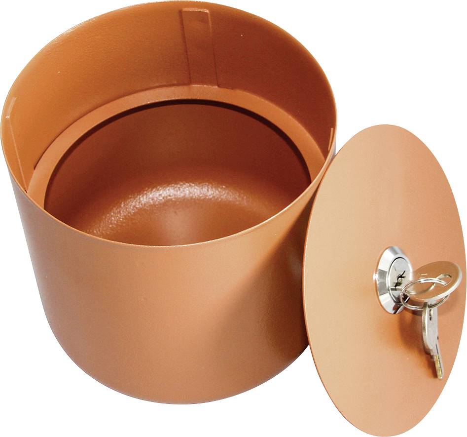 Round, orange safety box with a removable lid and key lock. Box is empty and shows smooth interior surface.