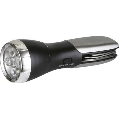 A black and silver torch with a multi-functional handle containing integrated tools.