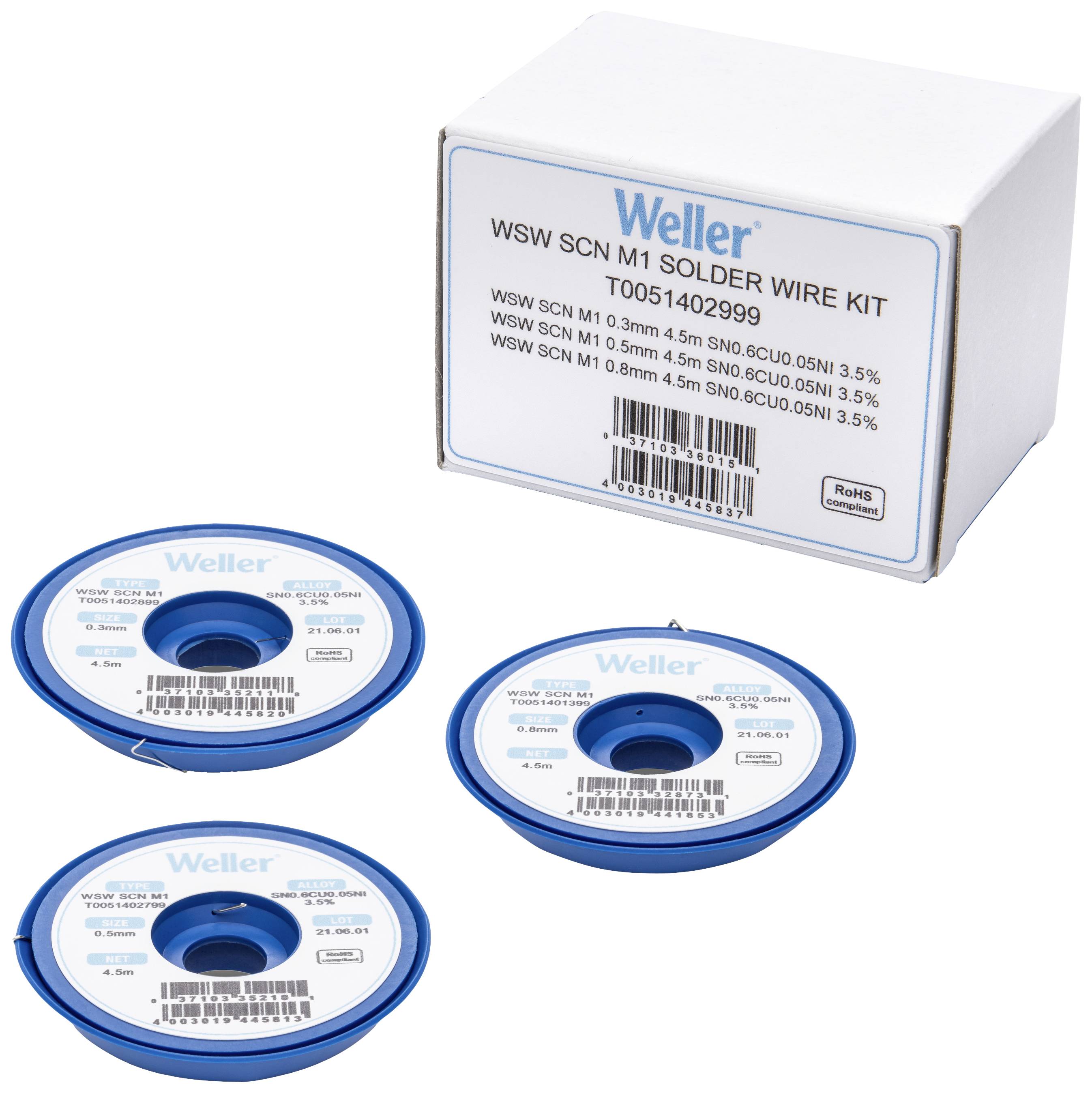 Three rolls of Weller solder and one package. Rolls are blue and white, bearing the inscription 'Weller', with various wire thicknesses.