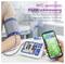 NFC-enabled arm blood pressure monitor, next to a smartphone with an app. Text: 'Track your health data via the app.'
