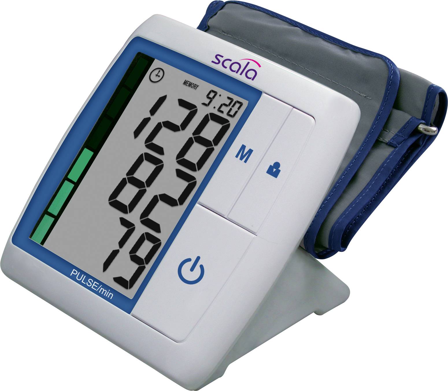 Blood pressure monitor shows readings: systolic 128, diastolic 82, pulse 79. Digital display and cuff visible.