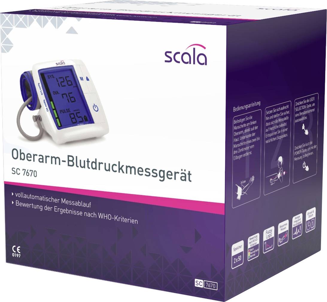 Packaging for an upper arm blood pressure monitor with digital display. Shows blood pressure, pulse rate, and technical specifications. Brand: Scala.