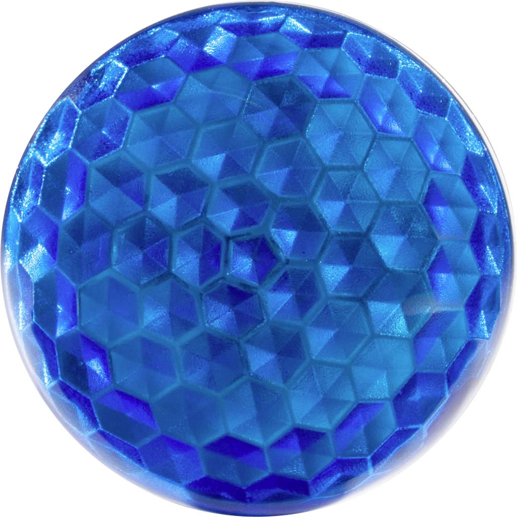 A round, blue button with a faceted, geometric pattern on its surface.