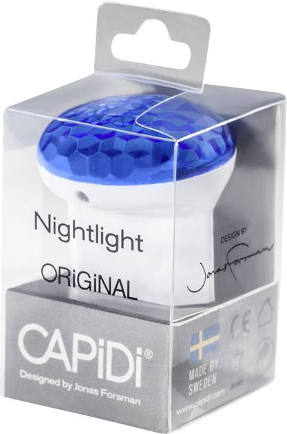 Bedside lamp in transparent packaging with blue cover. Inscription: 'Nightlight ORIGINAL'. Design by Jonas Forsman.