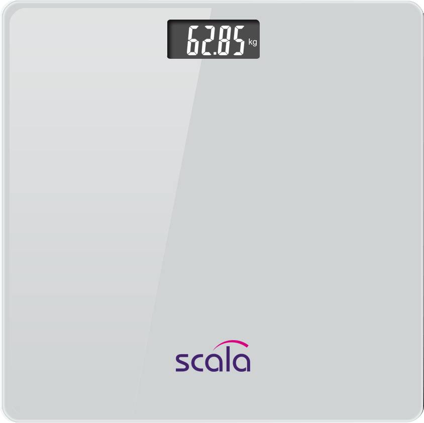 Digital bathroom scale showing '62.85 kg'. Scale logo at the bottom of the device. Clear display of measured body weight.
