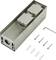 Metal enclosure with two power sockets, screws, wall plugs, and Allen key, suitable for wall mounting.