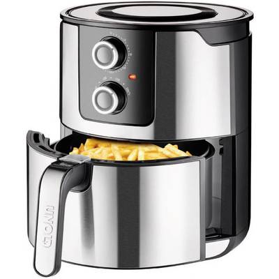 A silver air fryer with two rotary knobs on the front. The basket is open and filled with chips.