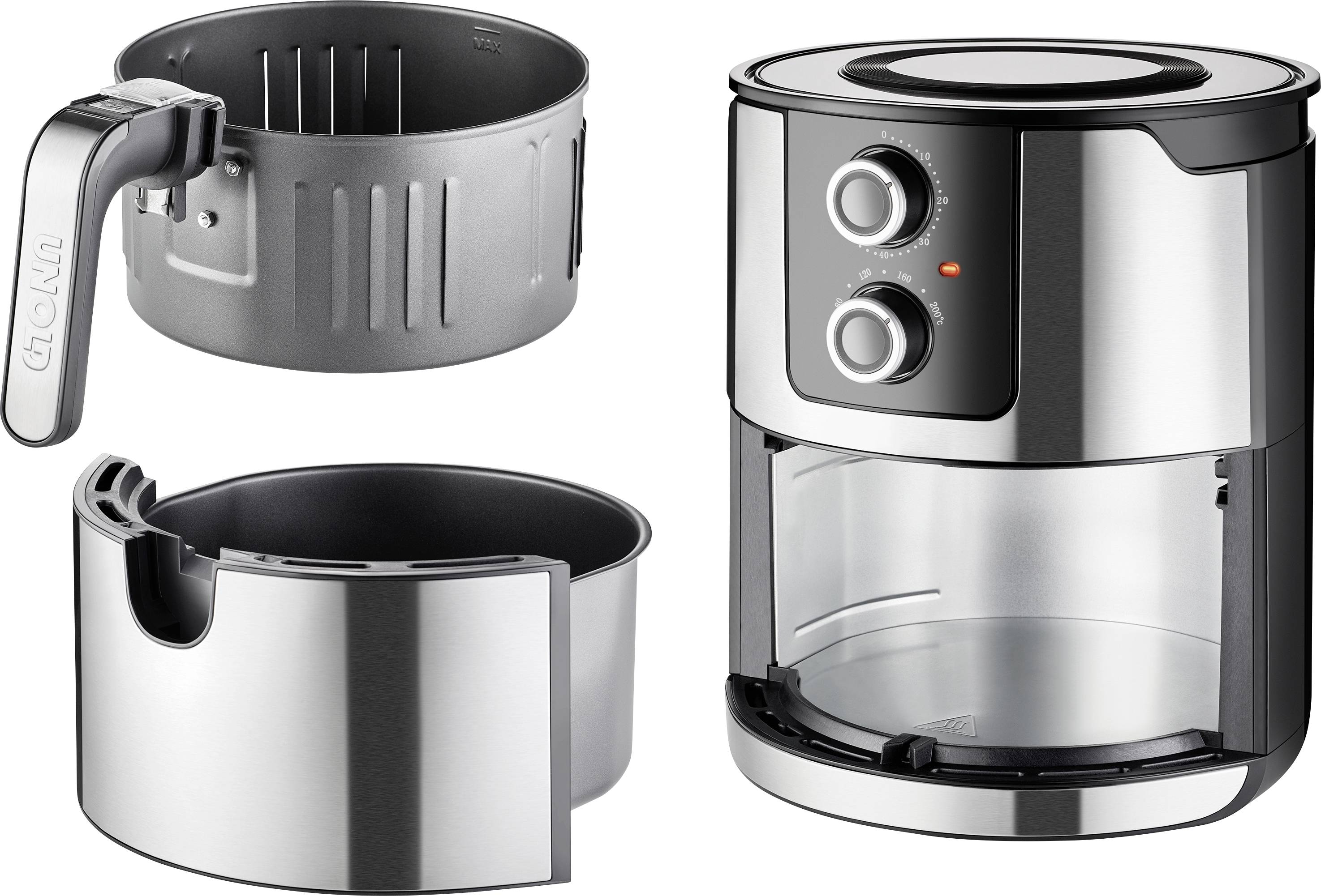 A silver air fryer with a removable basket and control knobs on the front, suitable for oil-free frying.