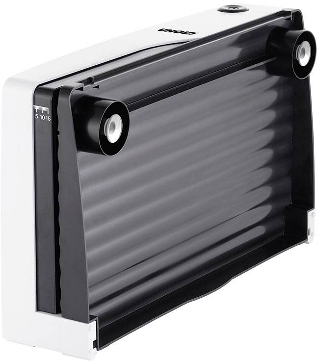 A white wall roll holder with a black roller compartment, suitable for paper rolls.