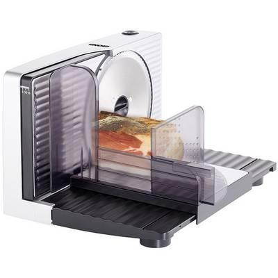 Electric all-purpose slicer with bread and cold meats on the guide rail. Device has a rotating blade and transparent shields.