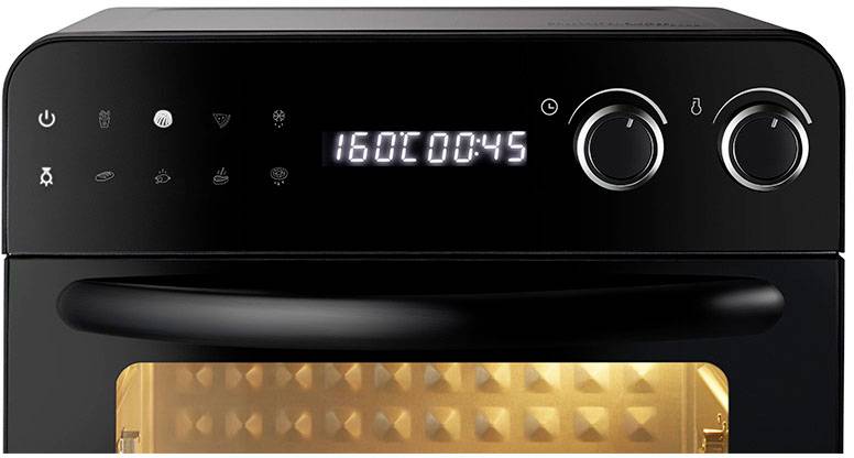 Black oven with digital display. Temperature 160 degrees, time 00:45. Two rotary knobs and symbols for various settings.