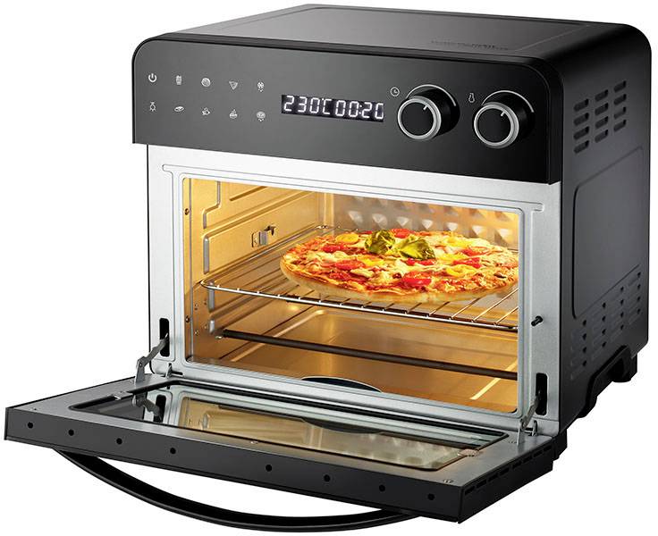An open, illuminated oven with a pizza on the rack. The temperature display shows 230 degrees, timer set to 20 minutes.