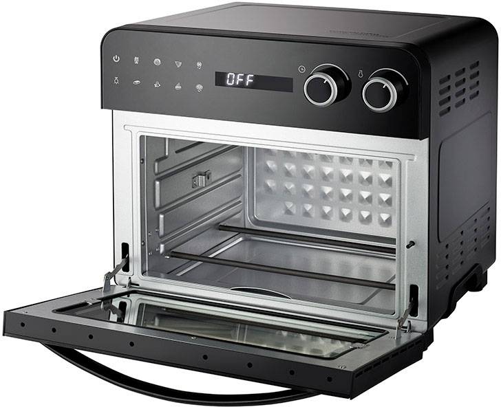 A black toaster oven with a digital screen displays 'OFF'. The door is open, revealing the interior cavity.