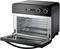 A black toaster oven with a digital screen displays 'OFF'. The door is open, revealing the interior cavity.