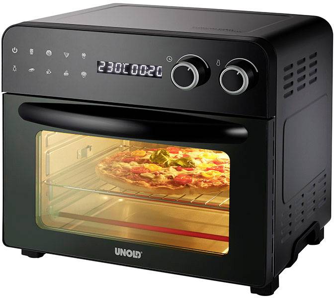 A black electric oven with a digital display shows '230° C' and '00:20'. A pizza sits on the rack inside the illuminated oven.